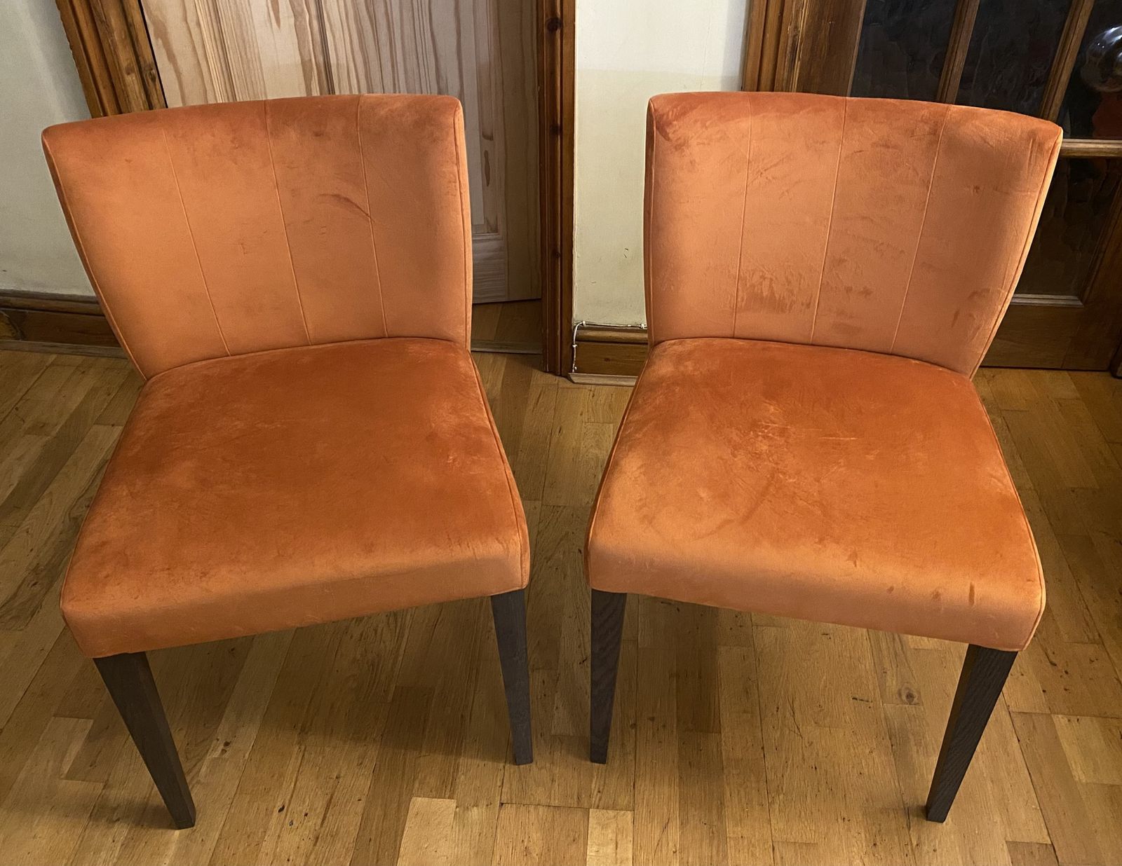 Dark Oak Low Back Harvest Pumpkin Velvet Fabric Chairs X 4 photo for sale
