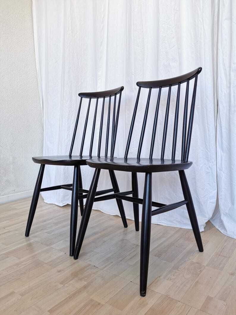 photo for sale Set Of 2 Vintage Black Wooden Dining Chairs In Ilmari Tapiovaara Style / Stol Kamnik 1960s / Mid Century Dine Chair In Scandinavian Design