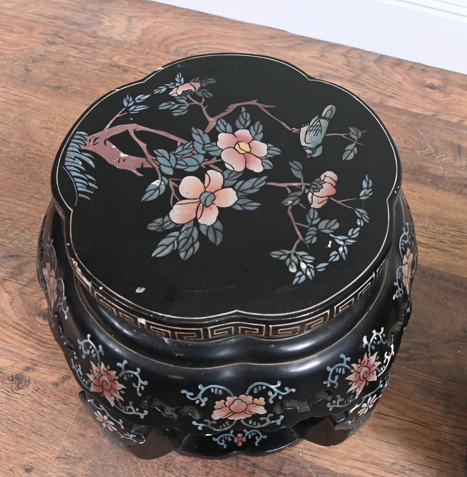 Pair Chinese Plant Stands Lacquered Painted Pedestal Table 1920 photo furniture
