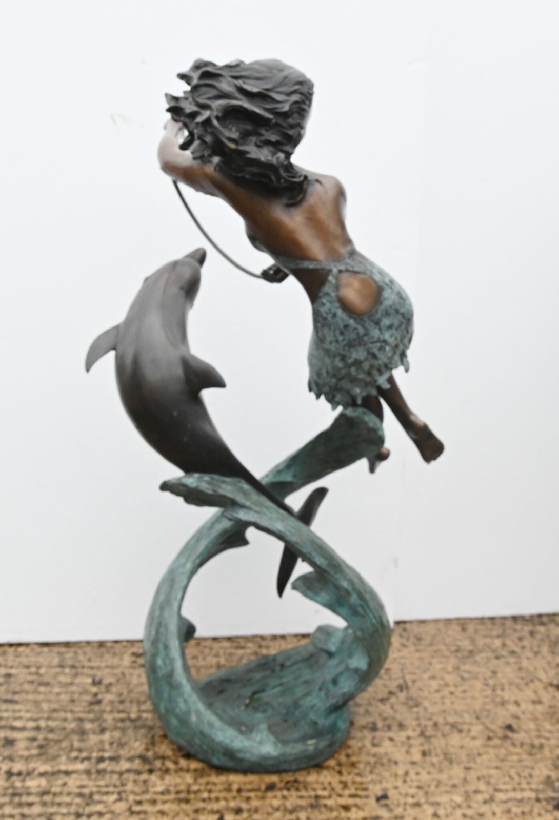 Art Nouveau Bronze Fountain Dolphin Girl Garden Casting photo vintage