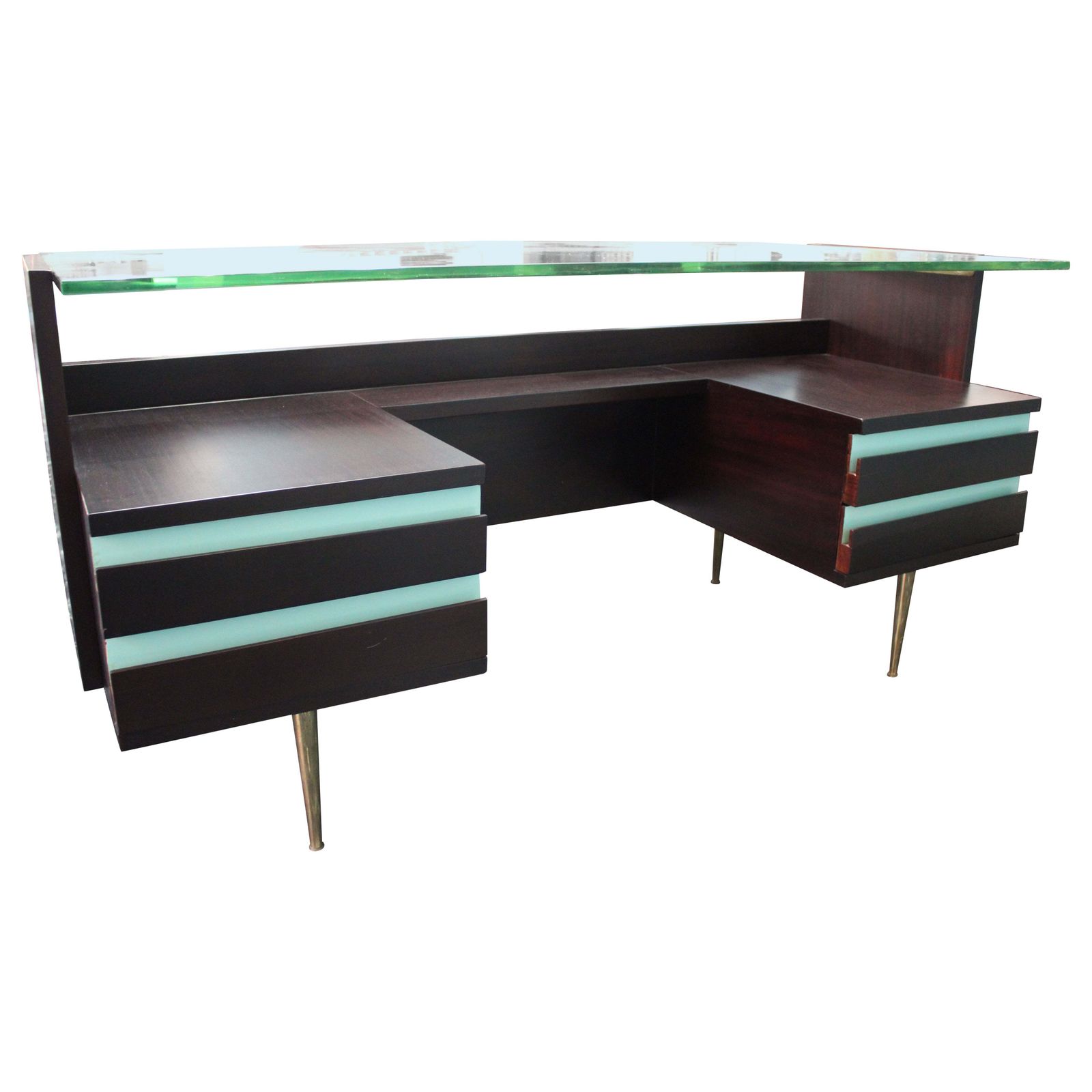 Mid Century Desk Wood Brass And Laminate Crystal Top Gio Ponti Style