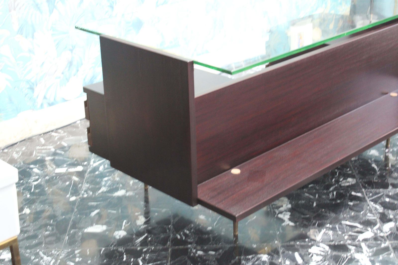 Mid Century Desk Wood Brass And Laminate Crystal Top Gio Ponti Style photo for sale