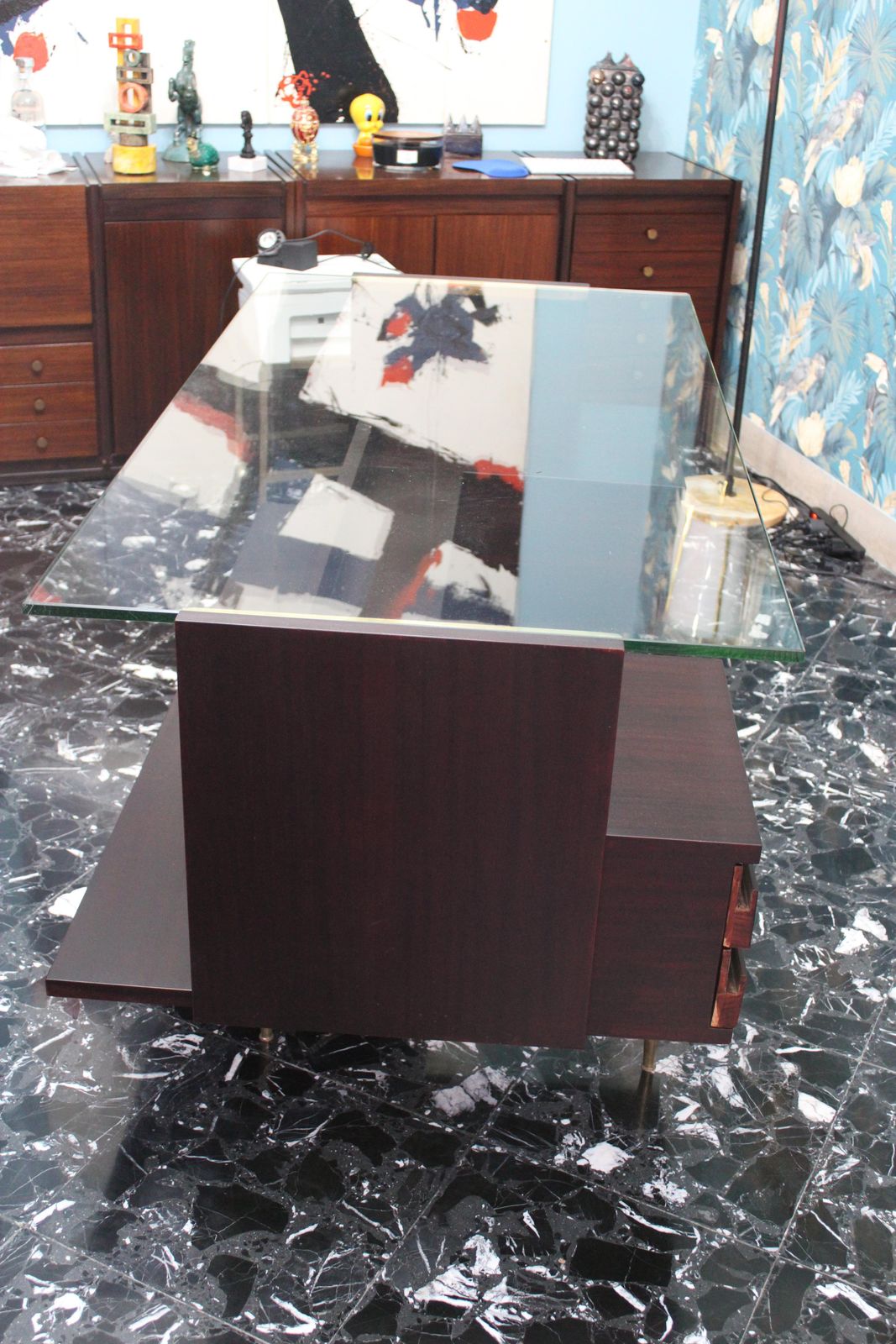photo for sale Mid Century Desk Wood Brass And Laminate Crystal Top Gio Ponti Style
