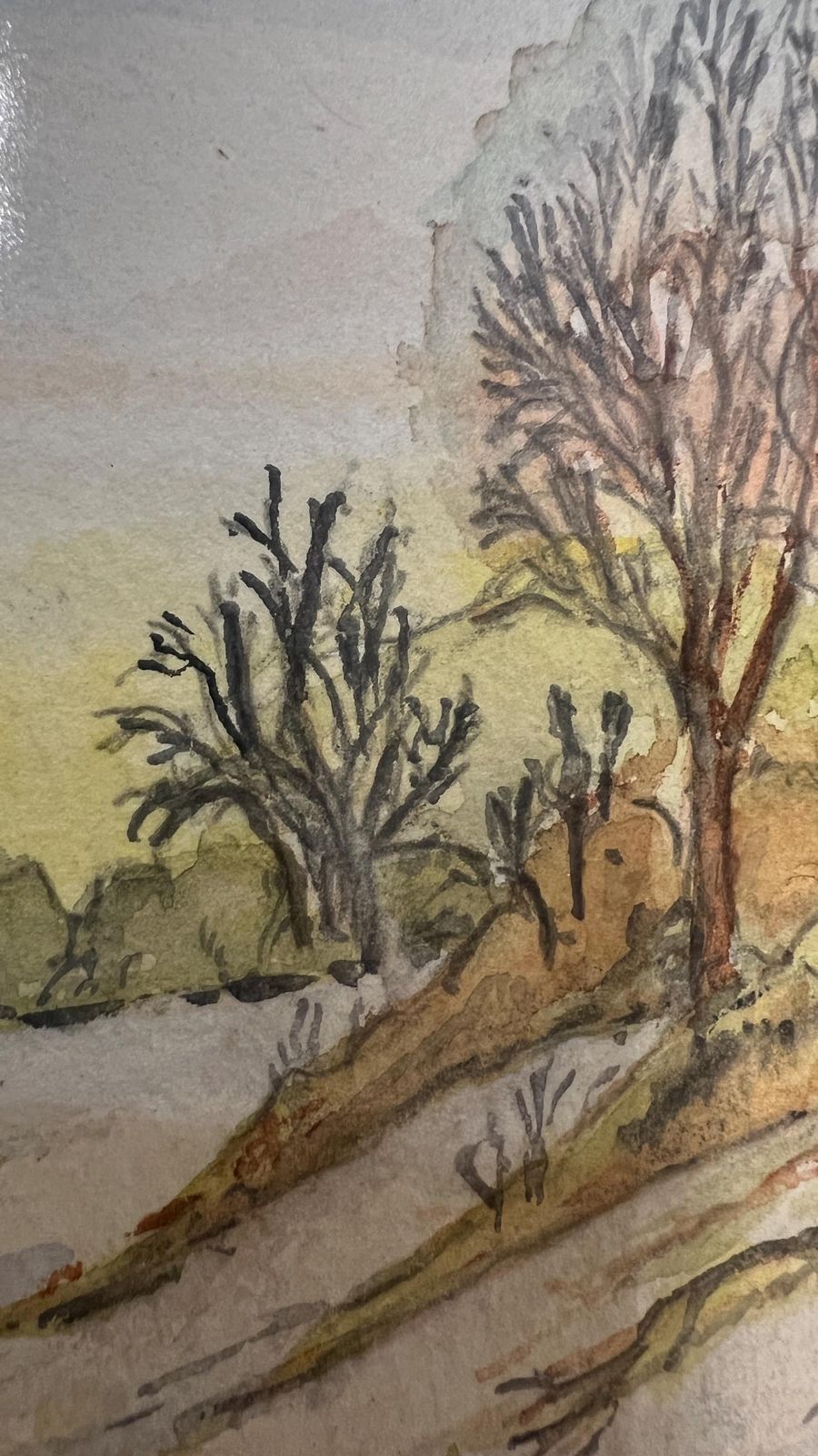 Signed 1959 Mid Century Watercolour Drawing – Pheasants In The Snow photo vintage