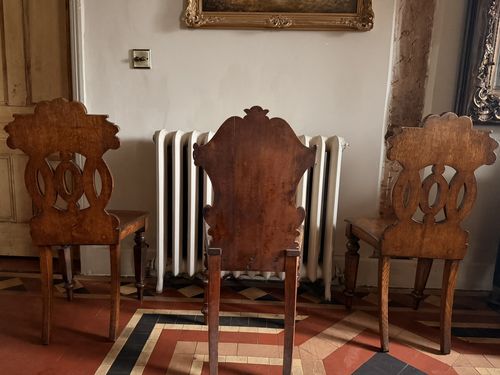photo for sale English Antique Oak Carved Armorial Hall Chairs X 3