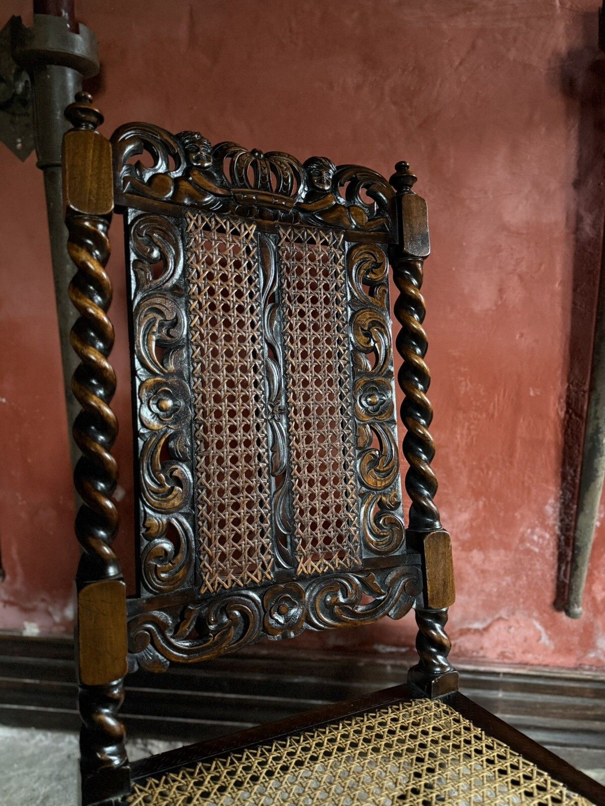 William And Mary Period Antique Walnut Hand Carved Ornate Hall Cane Chair photo furniture