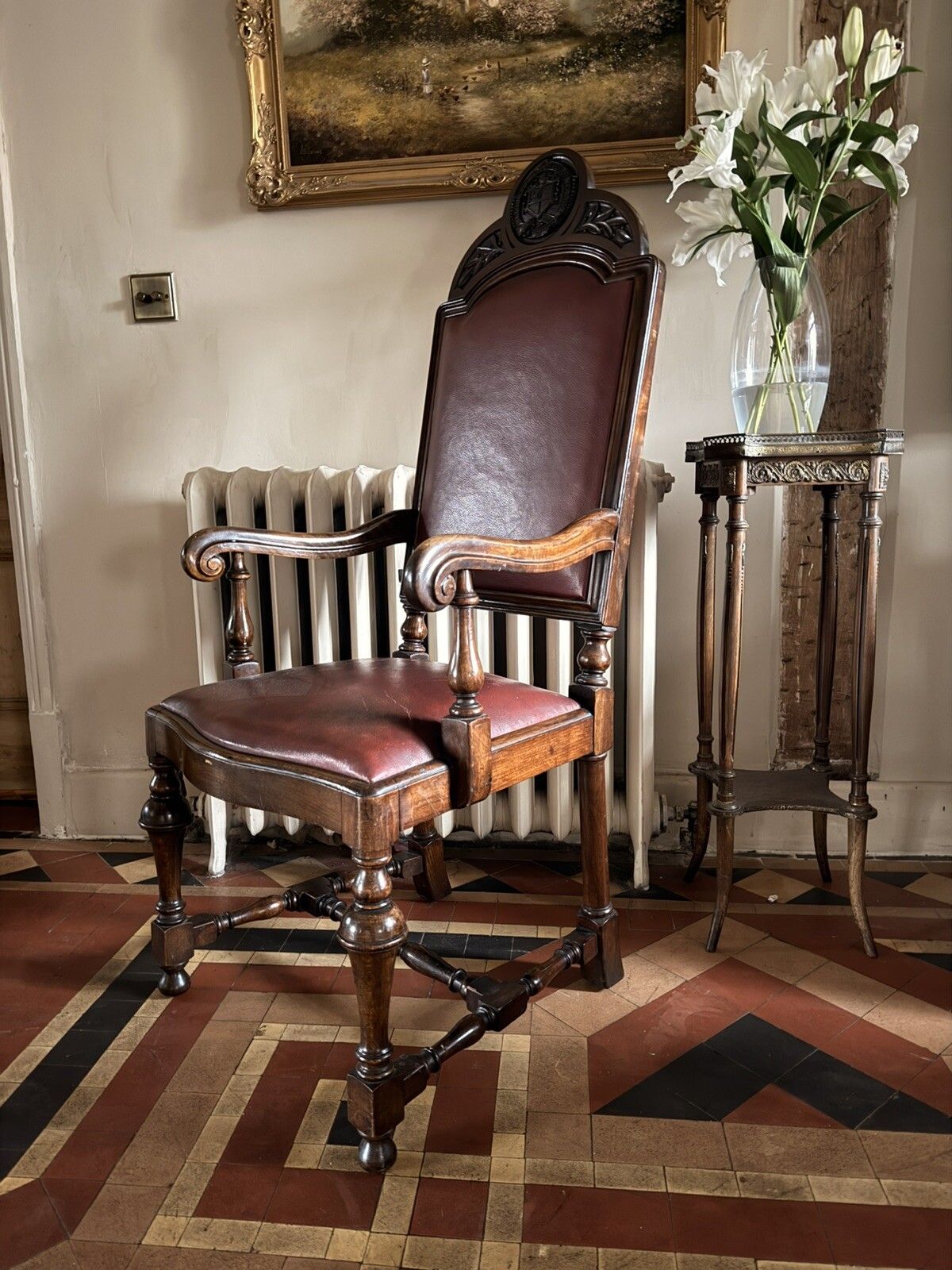 High Quality Antique Walnut Red Burgandy Leather Armchair Chair Circa 1900 photo 499.0