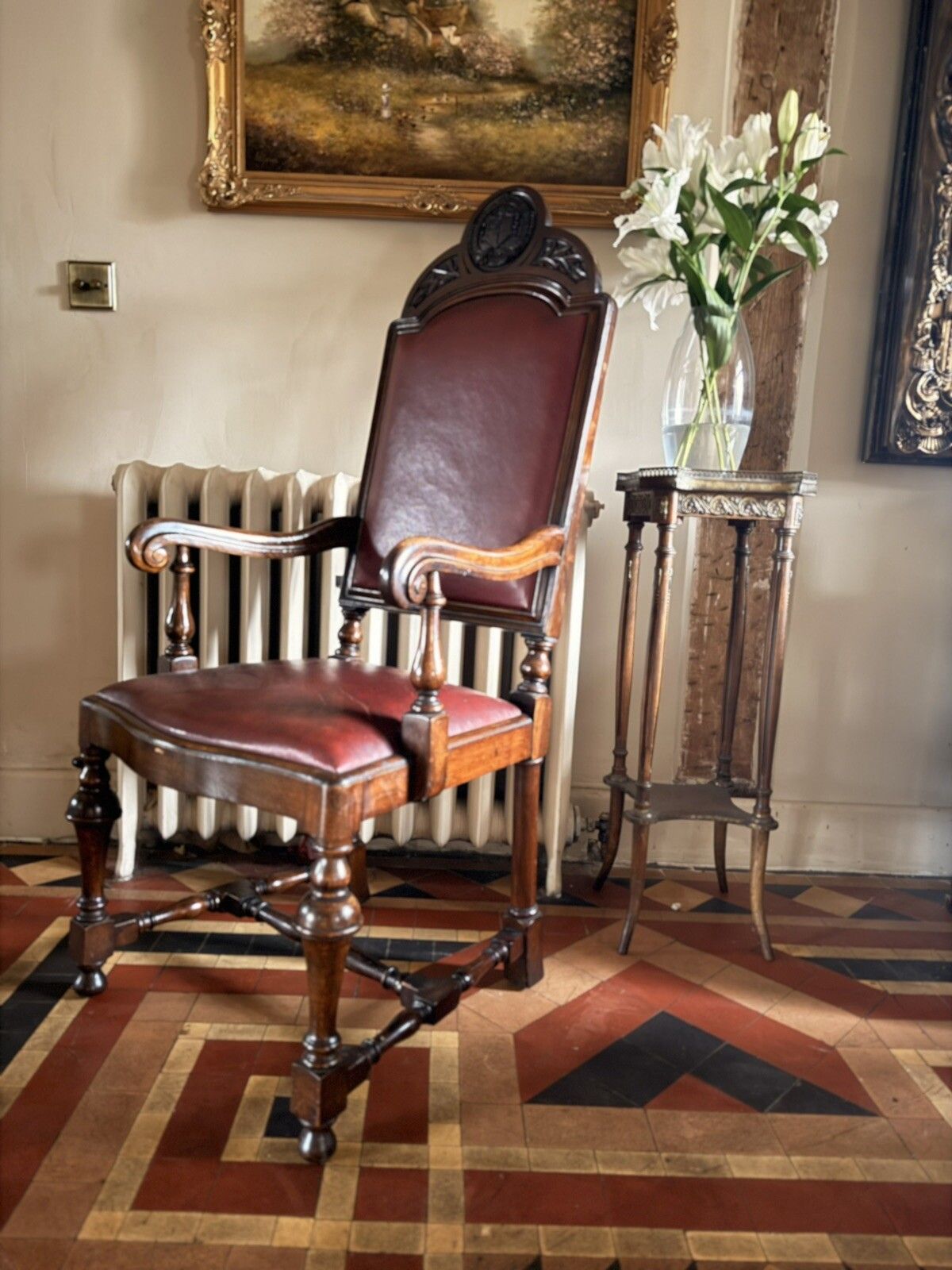 High Quality Antique Walnut Red Burgandy Leather Armchair Chair Circa 1900 photo buy