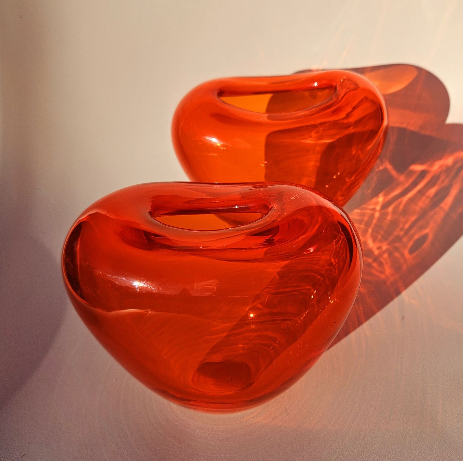 photo for sale Pair Of Chunky Glass Heart Vases In Electric Orange