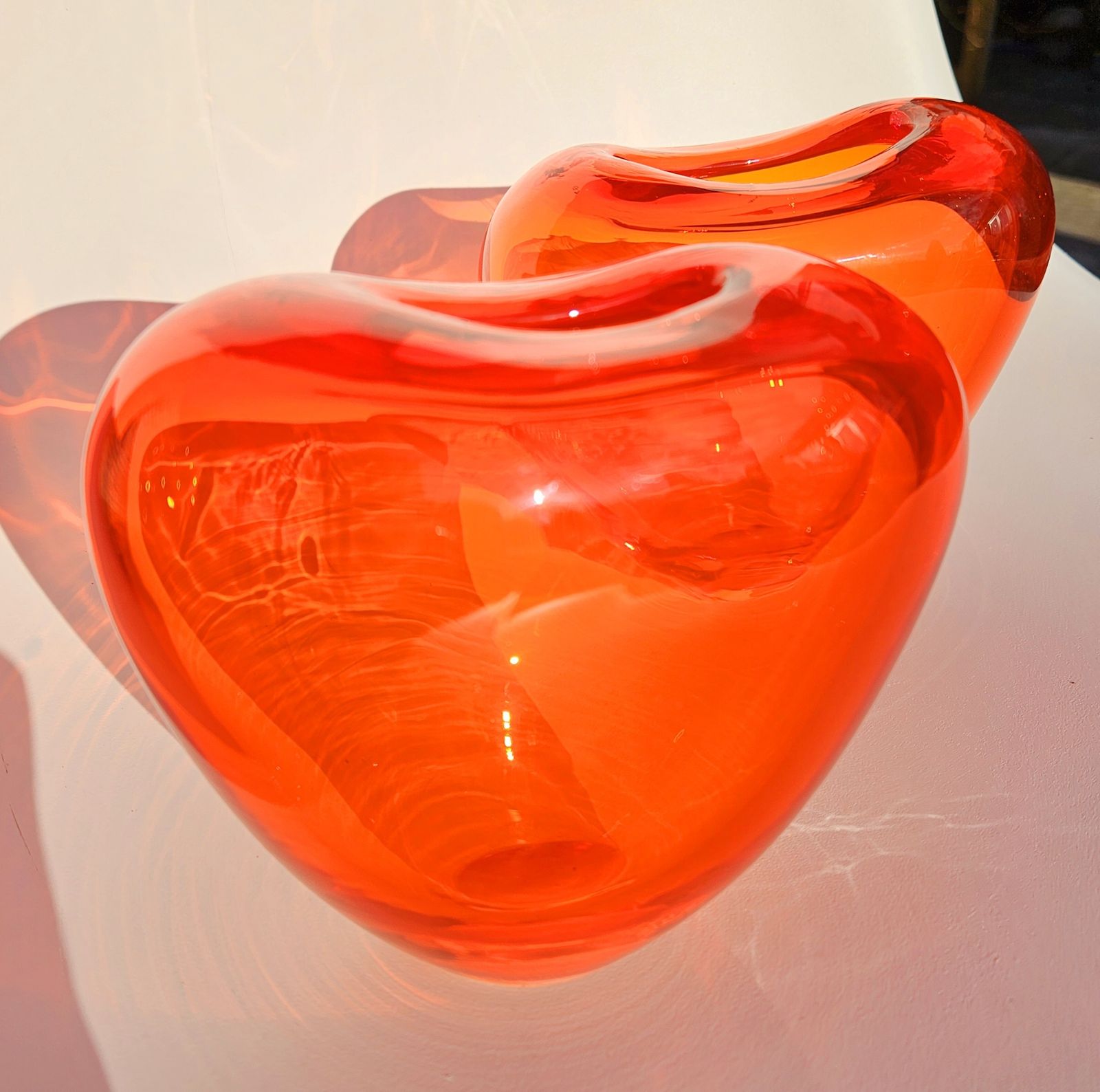 149.0 Pair Of Chunky Glass Heart Vases In Electric Orange photo