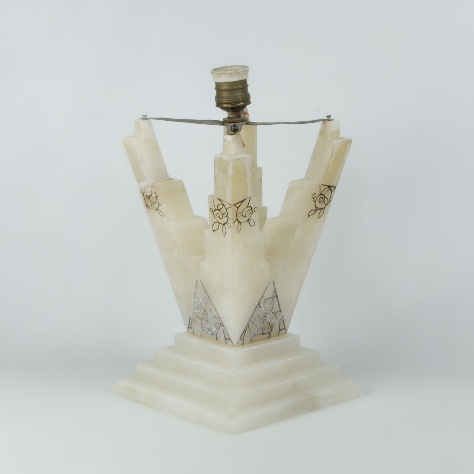 1940s Two Bodies White Volterra Alabaster Table Lamp By Bianchi Factory, Italy photo vintage
