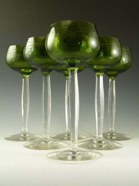 Theresienthal Crystal Glass Green Coloured Hock Wine Glasses Set Of 6