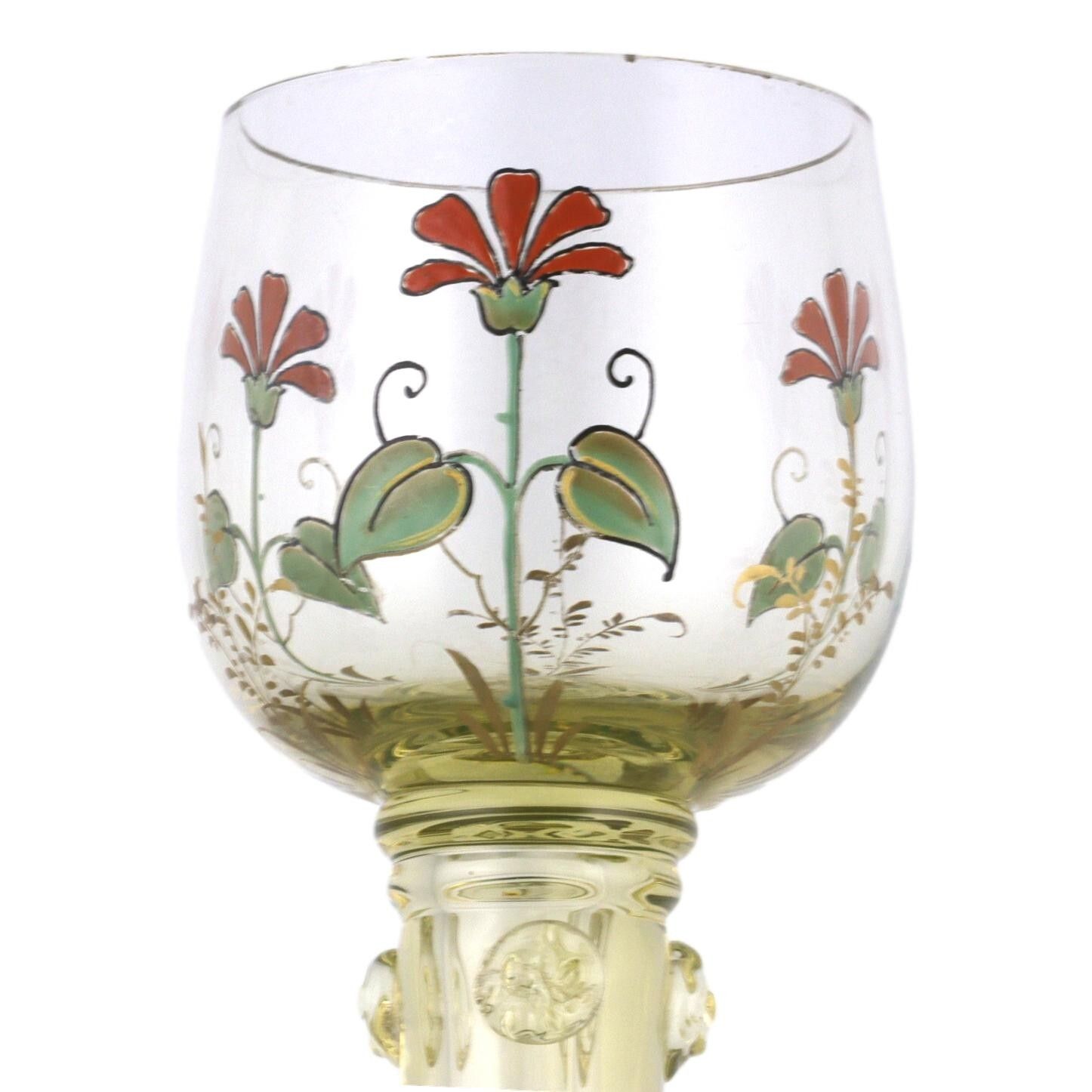 Bohemian / Fritz Heckert Roemer Antique Enamelled Set Of 6 Hock Wine Glasses photo for sale