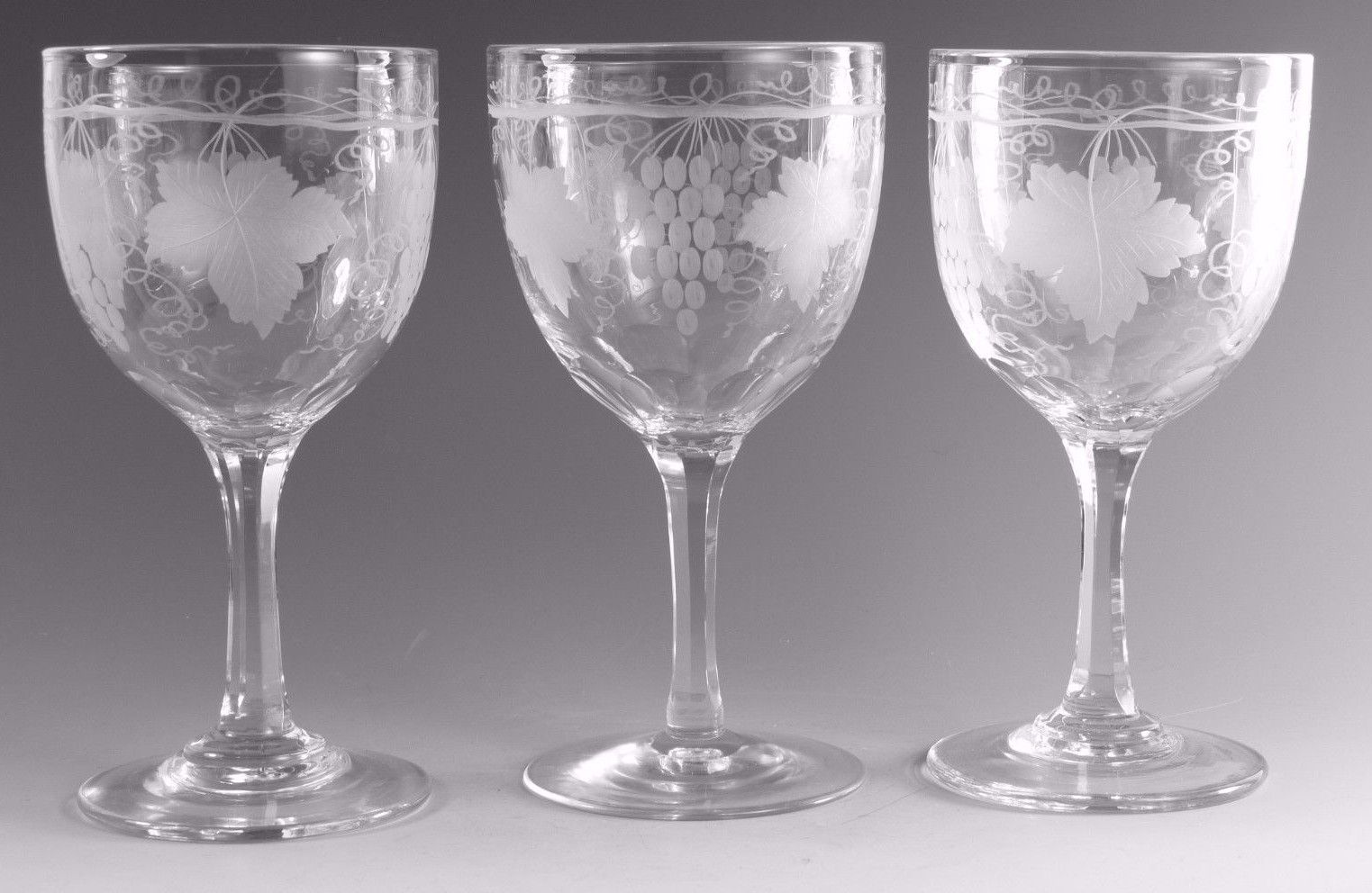 Antique Wine Large Wine Glass / Glasses Fruiting Vine Pattern Set Of 3