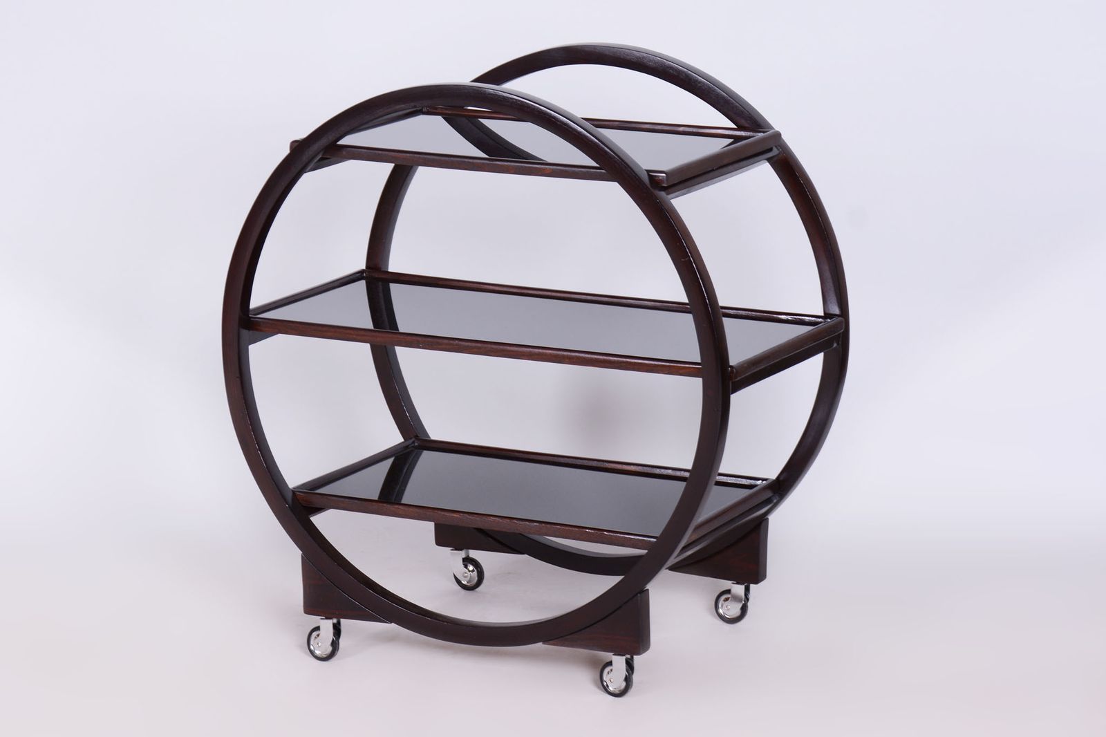 Restored Art Deco Trolley, By Thonet, Oak, Black Glass, Czech, 1930s