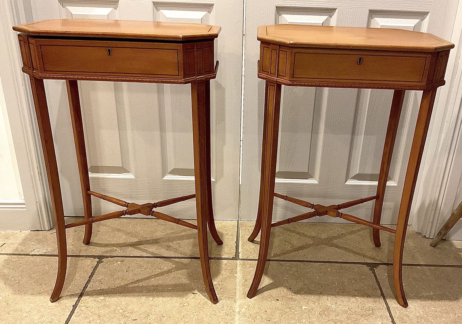 photo buy Pair Of Inlaid Satinwood Work Tables