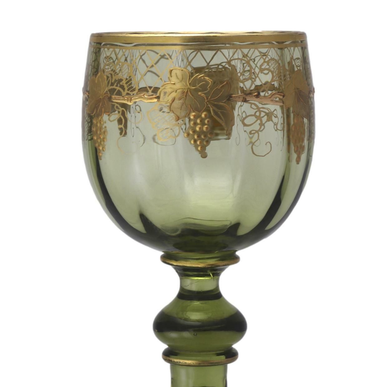 Bohemian / Moser Crystal Green Hock / Roemer Gilt Fruiting Vine Glass 8" photo furniture