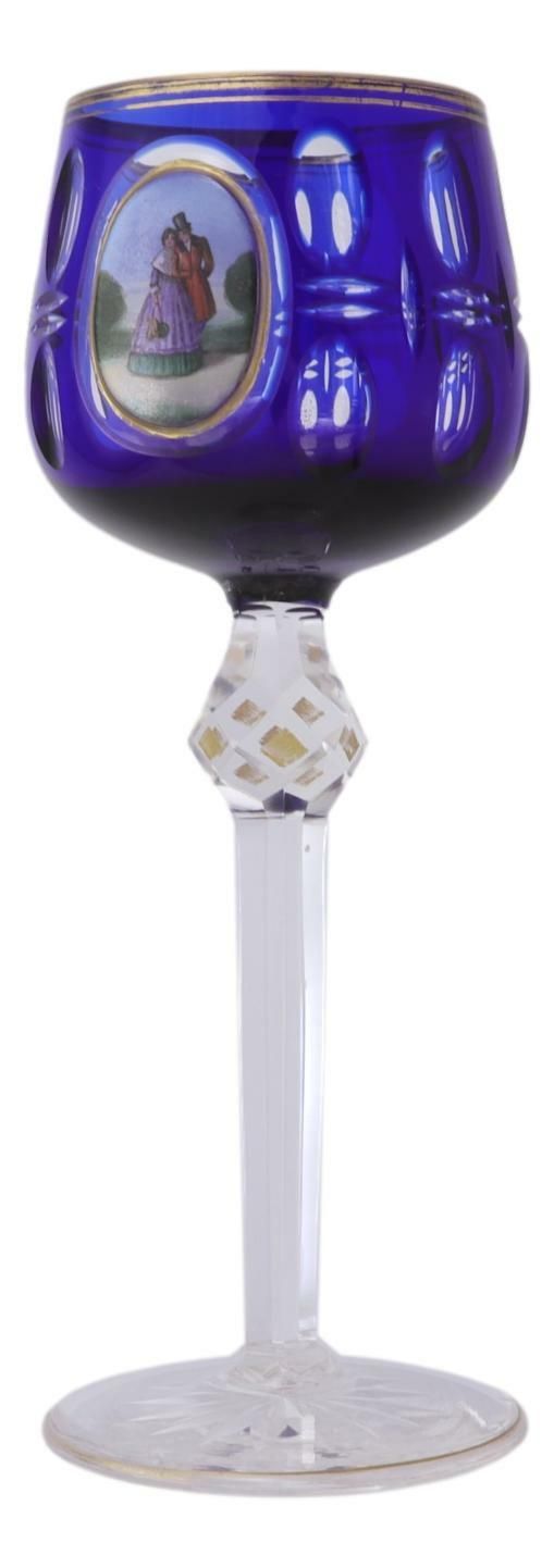 Bohemian / German Crystal Enamel Panel Coloured Hock Wine Glass 8"