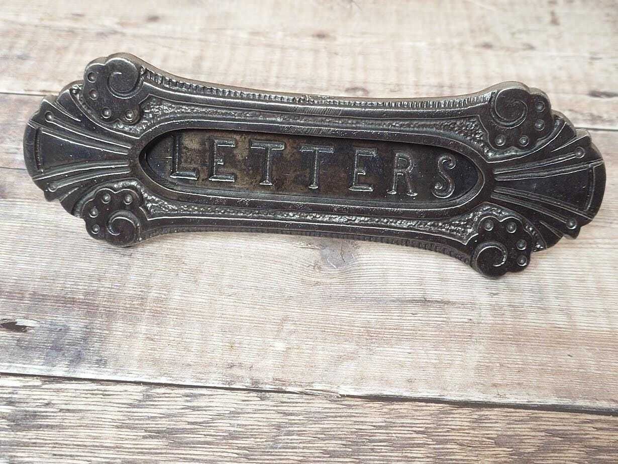 Original Art Nouveau Iron Door Mail Slot, 1900s Vintage Letter Slot, Victorian Iron Letter Box, Antique Iron Letterbox photo Home Fixtures