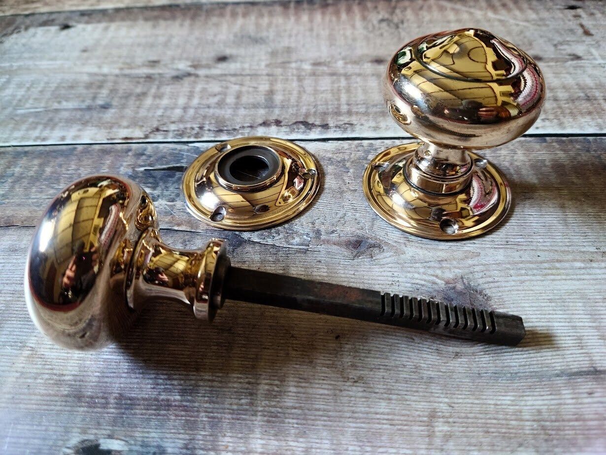 1 Pair Antique Copper Brass Door Knobs, Victorian Rose Brass Door Knobs, Gibbons Wolverhampton Brass Door Knobs photo vinterior