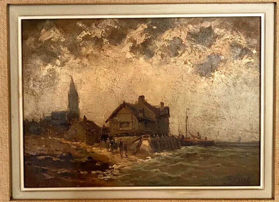 Oil On Panel By Isorel "View Of The Port" 20th Century photo buy