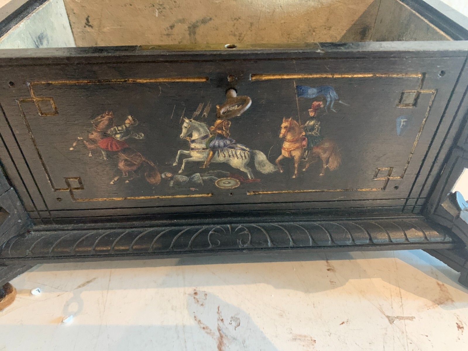 Black Wooden Carved Jewelry Box With Polychrome Decor 19th Century photo 369.0