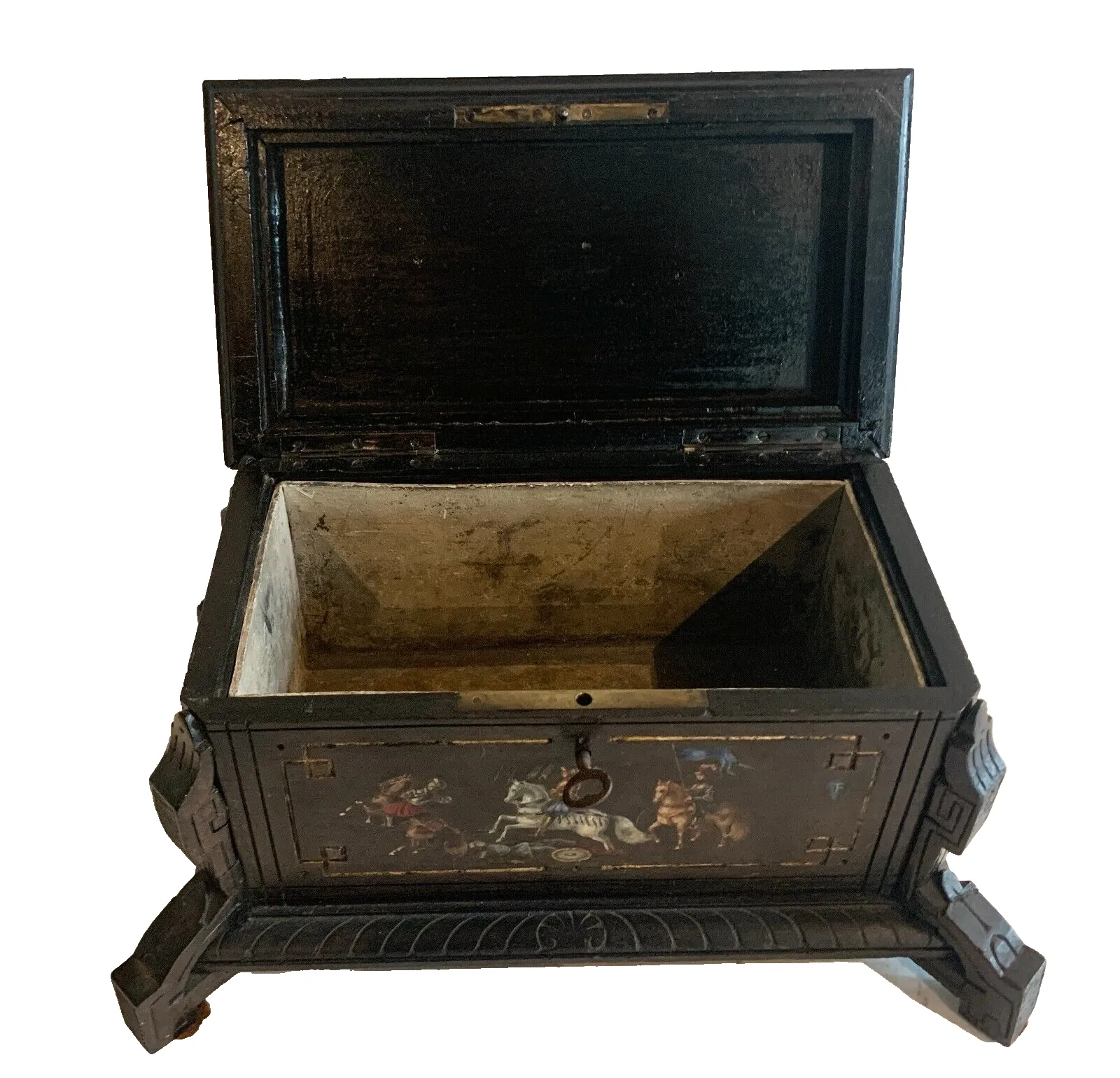 Home Decor Black Wooden Carved Jewelry Box With Polychrome Decor 19th Century photo