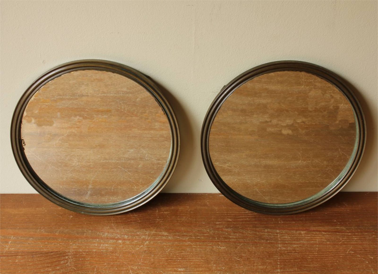 Pair Of Antique Bronze Round Mirrors. Two Hanging Wall Mirrors. C1900. photo vintage