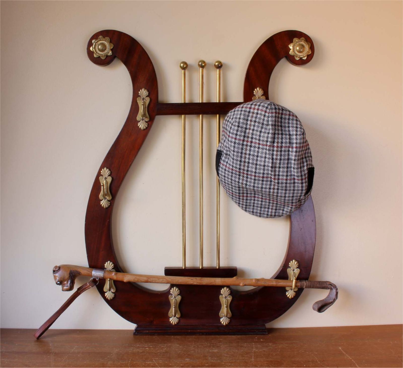 Lyre Shaped Riding Whip Rack. Victorian Wood & Brass Hat Coat Hook Stand. photo furniture