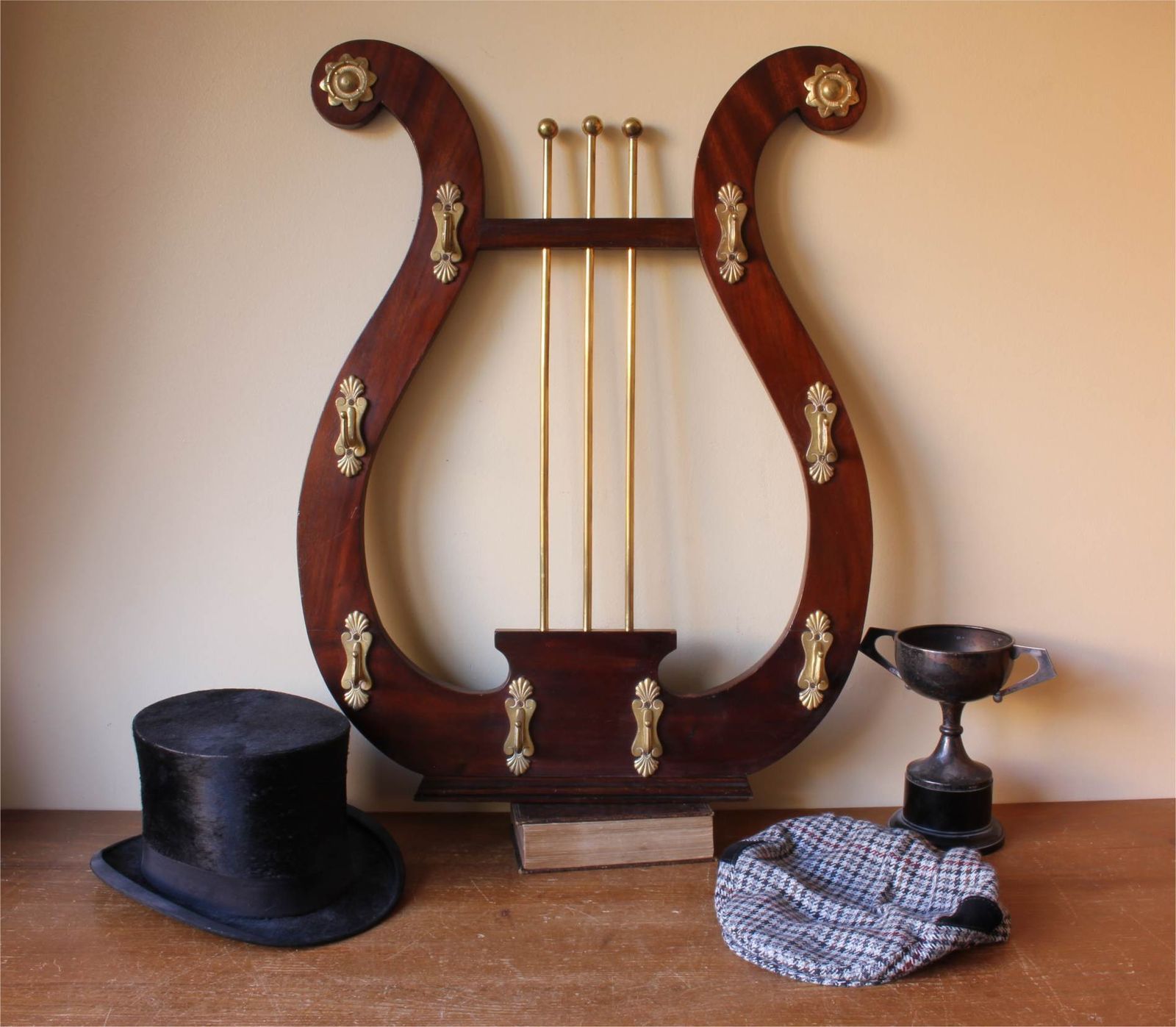 photo furniture Lyre Shaped Riding Whip Rack. Victorian Wood & Brass Hat Coat Hook Stand.
