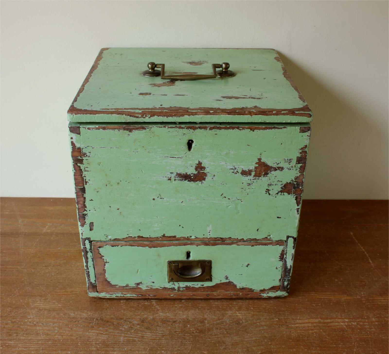 Wood Green Painted Pine Cabinet. Rustic 19th Century Drawer Storage Box. photo for sale
