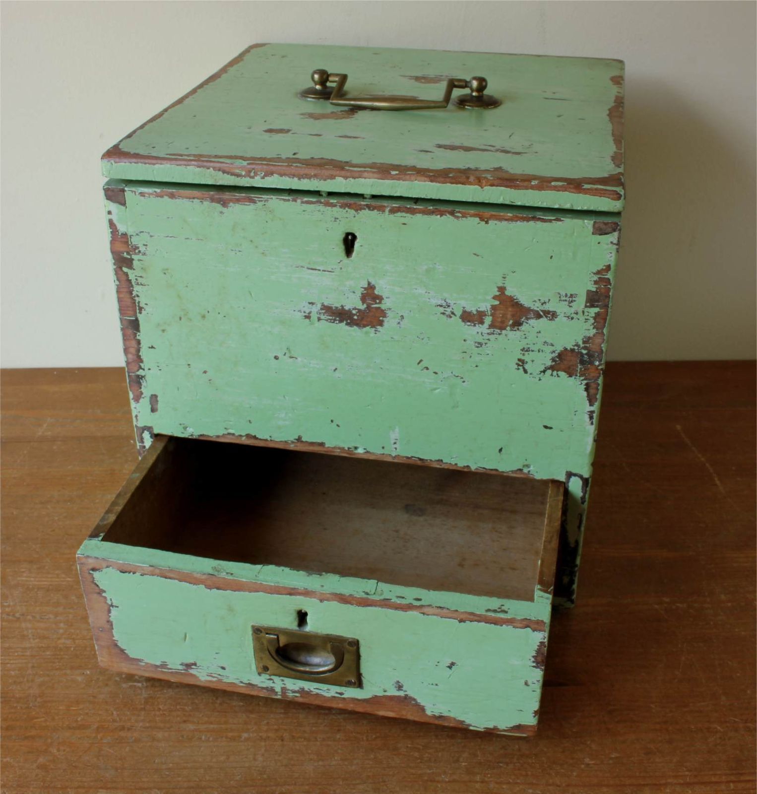 Wood Green Painted Pine Cabinet. Rustic 19th Century Drawer Storage Box. photo Furniture