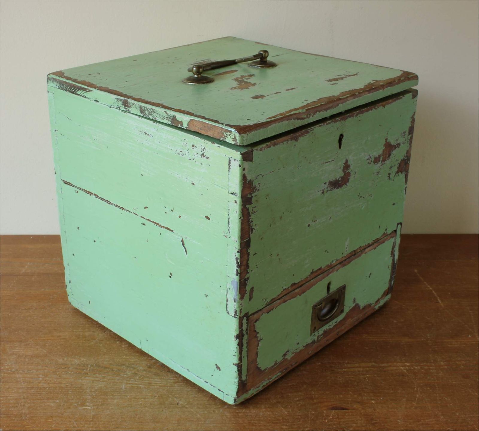 Wood Green Painted Pine Cabinet. Rustic 19th Century Drawer Storage Box. photo buy