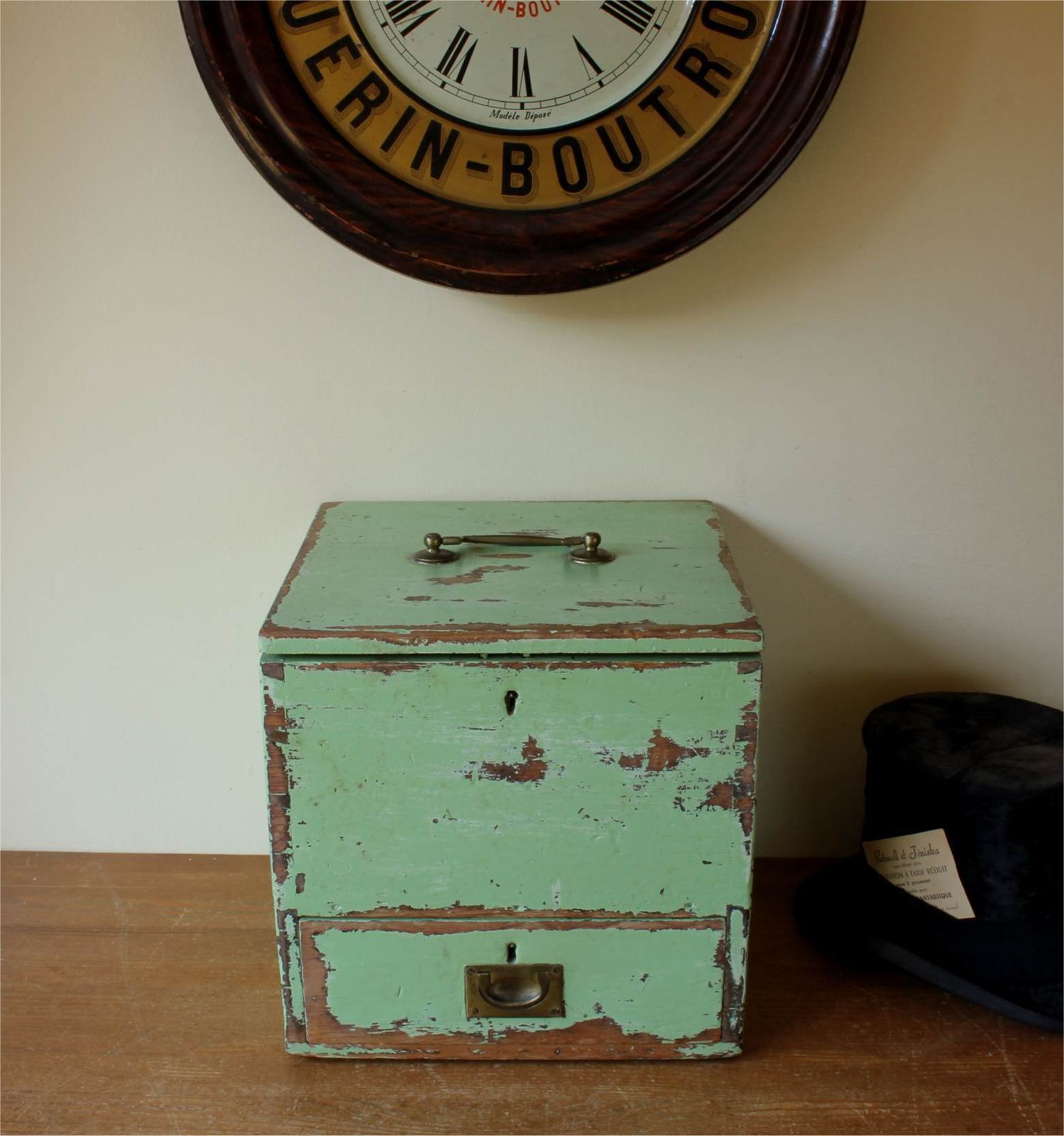 photo for sale Wood Green Painted Pine Cabinet. Rustic 19th Century Drawer Storage Box.