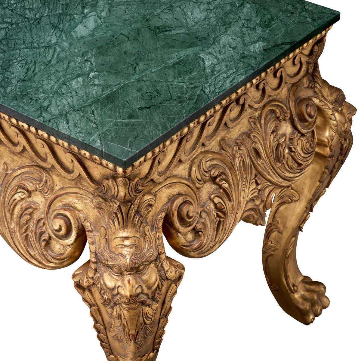 Console Table In Gilded Wood And Green Marble. photo for sale