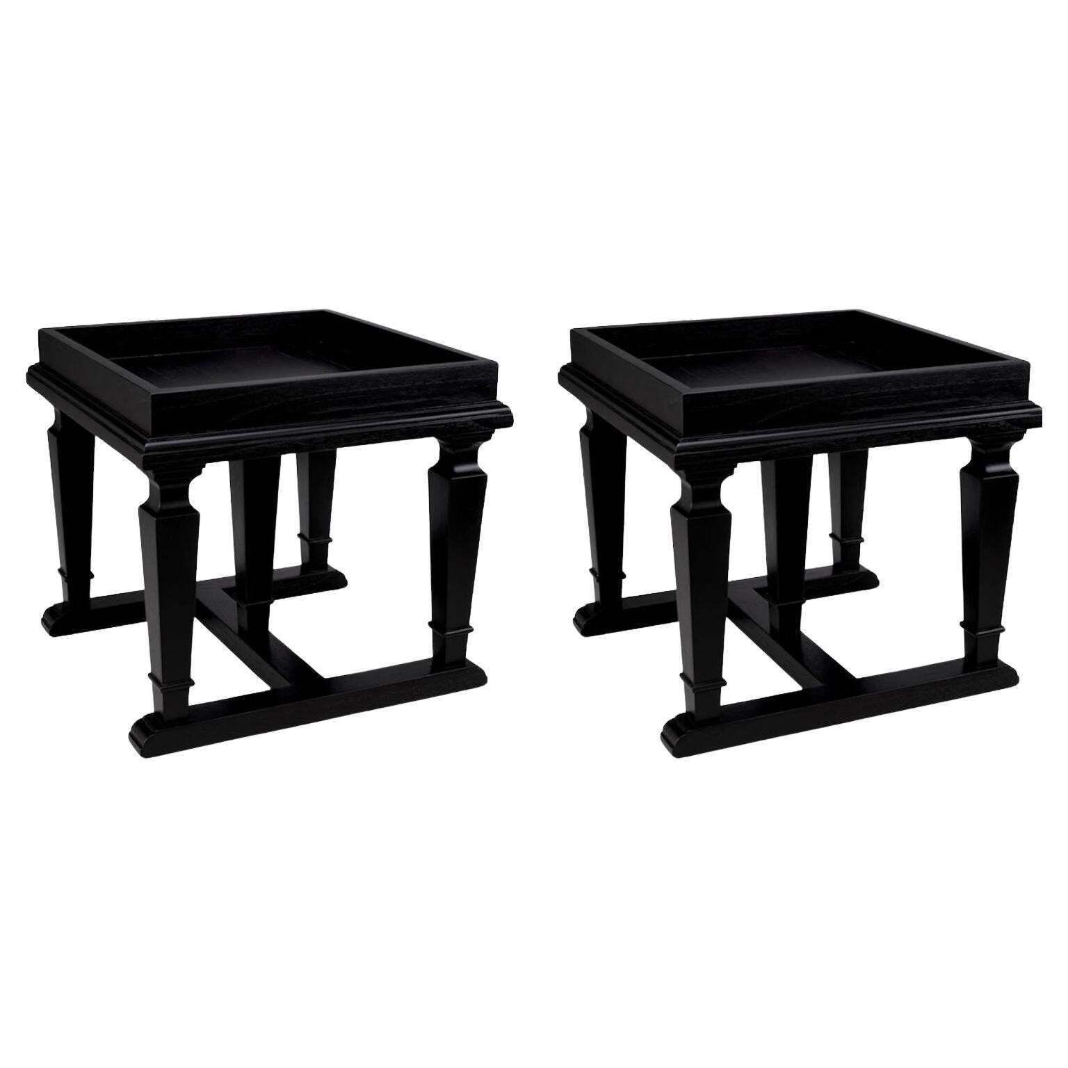 Pair Of Black Lacquered Wooden Side Tables, End Of Sofa.