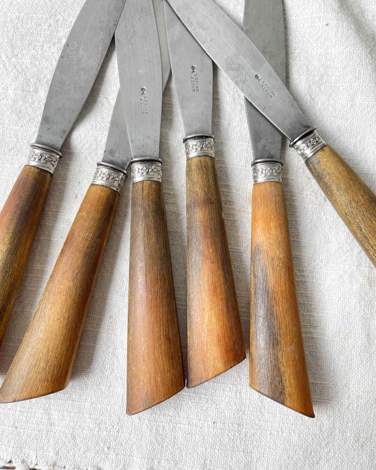 6 Vintage Horn Knives Silver Steel Blade Lepine A Lyon France 19th Century   Antique Cutlery   Kitchen Utensils   Vintage Tableware photo for sale