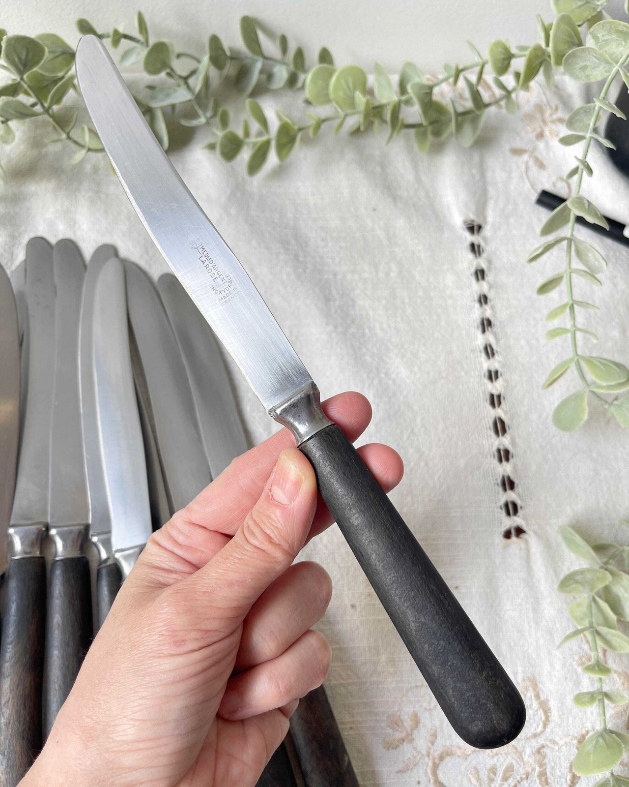 10 Vintage Knives Wood Steel La Rose Silver Medal France   Antique Cutlery   Kitchen Utensils   Vintage Tableware photo for sale