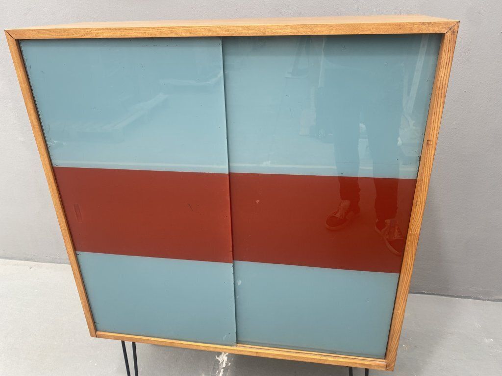 Dřevotvar Hradec Králové Cabinet With Metal Legs And Colored Glass photo Furniture