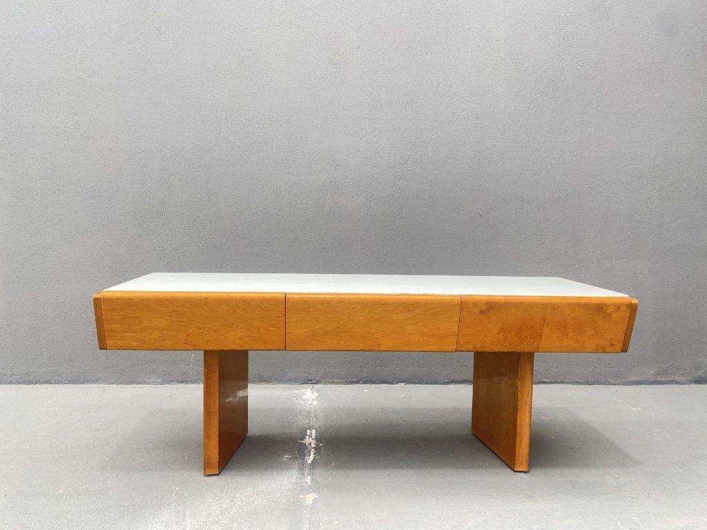 Vintage Wooden Low Console With Opaline Glass, 1960