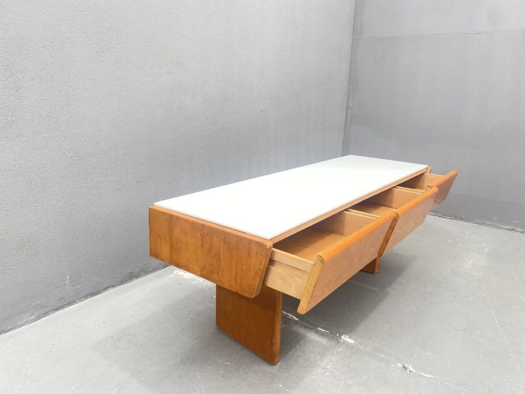 photo vinterior Vintage Wooden Low Console With Opaline Glass, 1960