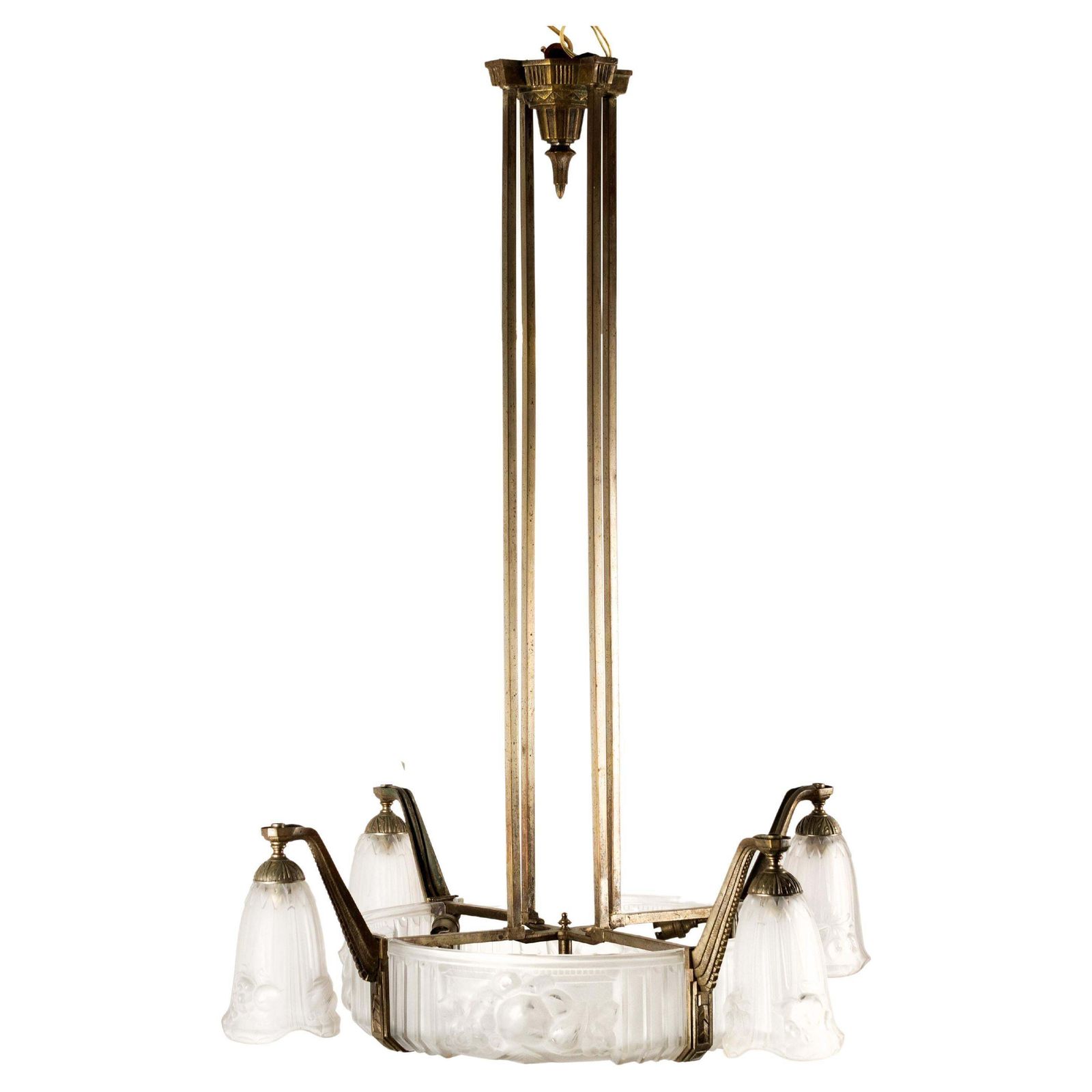 French Art Déco Chandelier Pressed Glass And Cast Iron By Pierre Gilles 1925