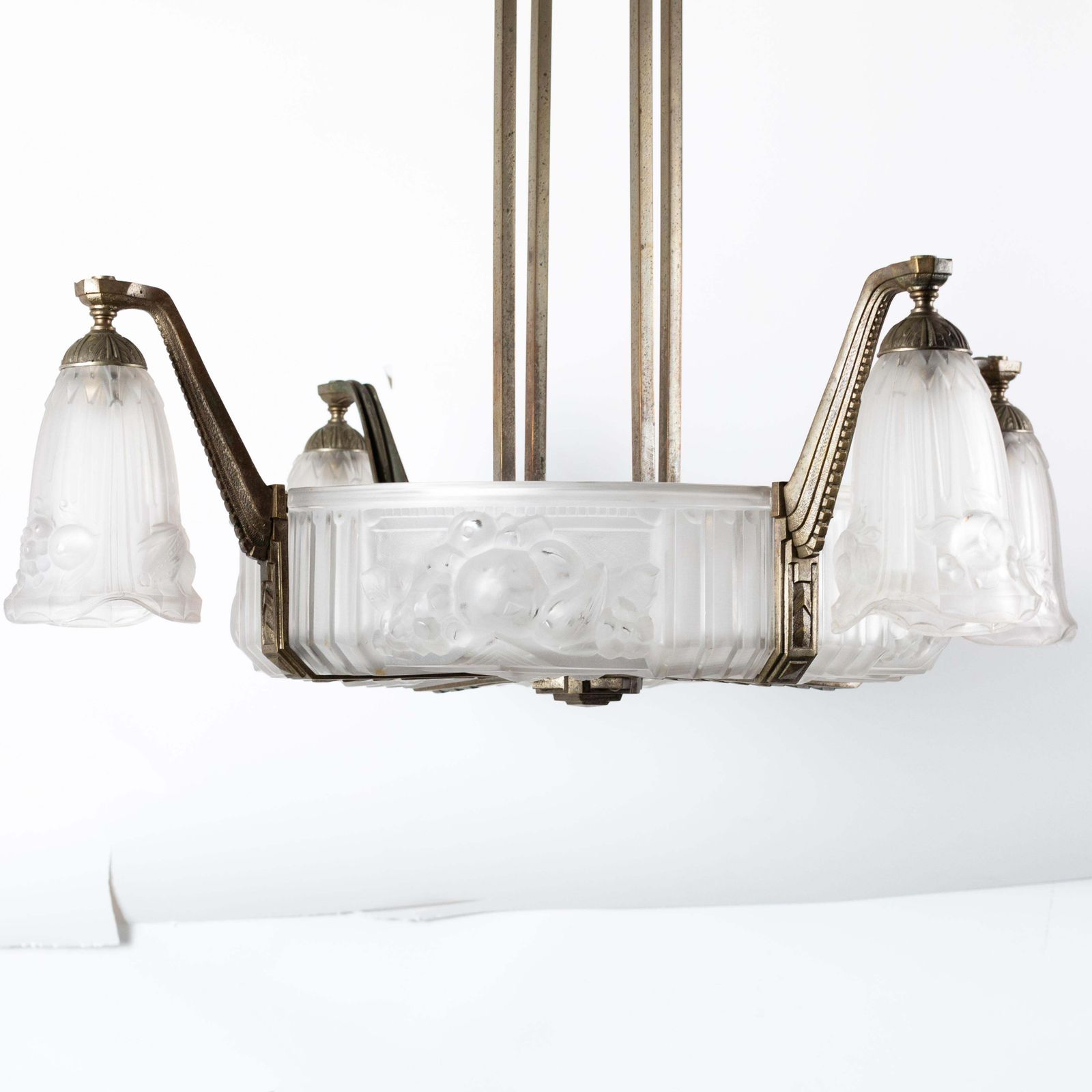 French Art Déco Chandelier Pressed Glass And Cast Iron By Pierre Gilles 1925 photo for sale