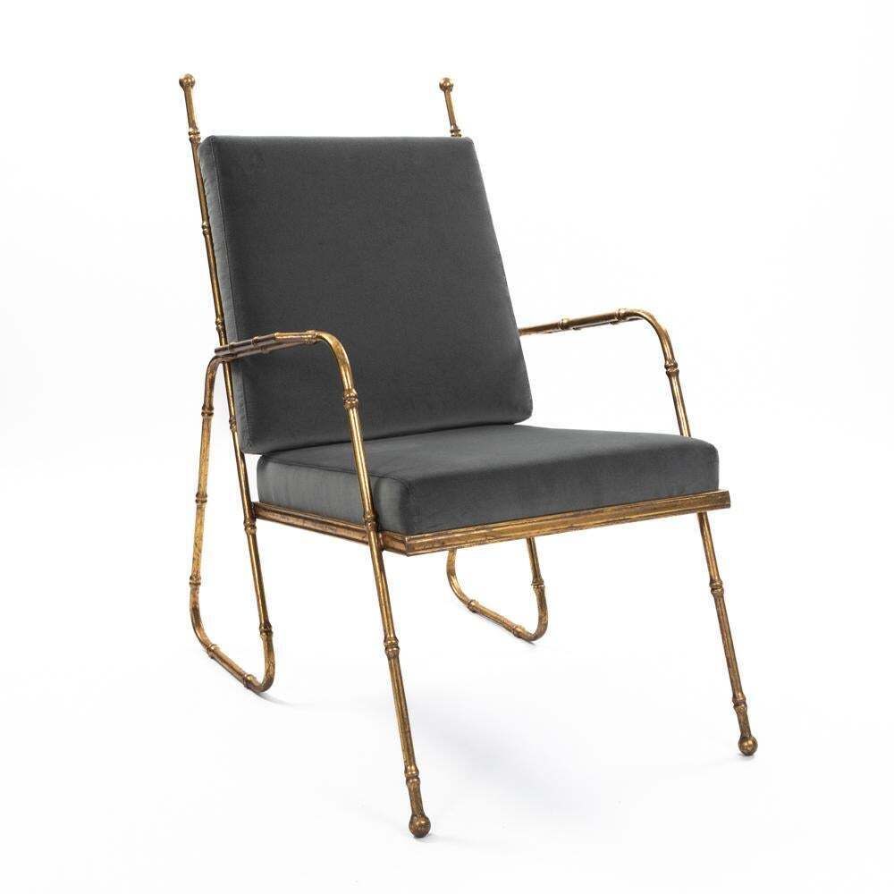 Pair Of French Mid Centruy Gilt Iron Faux Bamboo Armchairs Grey Velvet 1980s photo vinterior
