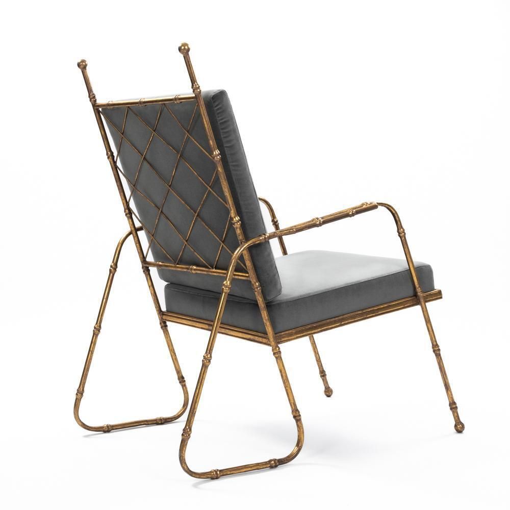 Pair Of French Mid Centruy Gilt Iron Faux Bamboo Armchairs Grey Velvet 1980s photo vintage