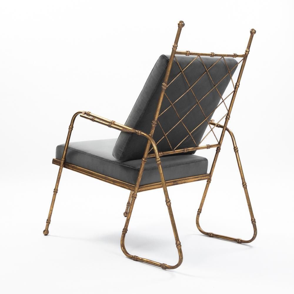 photo for sale Pair Of French Mid Centruy Gilt Iron Faux Bamboo Armchairs Grey Velvet 1980s