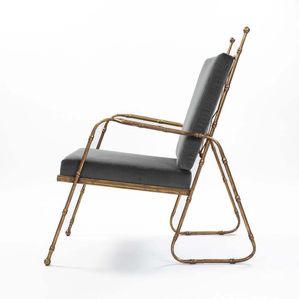 Furniture Pair Of French Mid Centruy Gilt Iron Faux Bamboo Armchairs Grey Velvet 1980s photo
