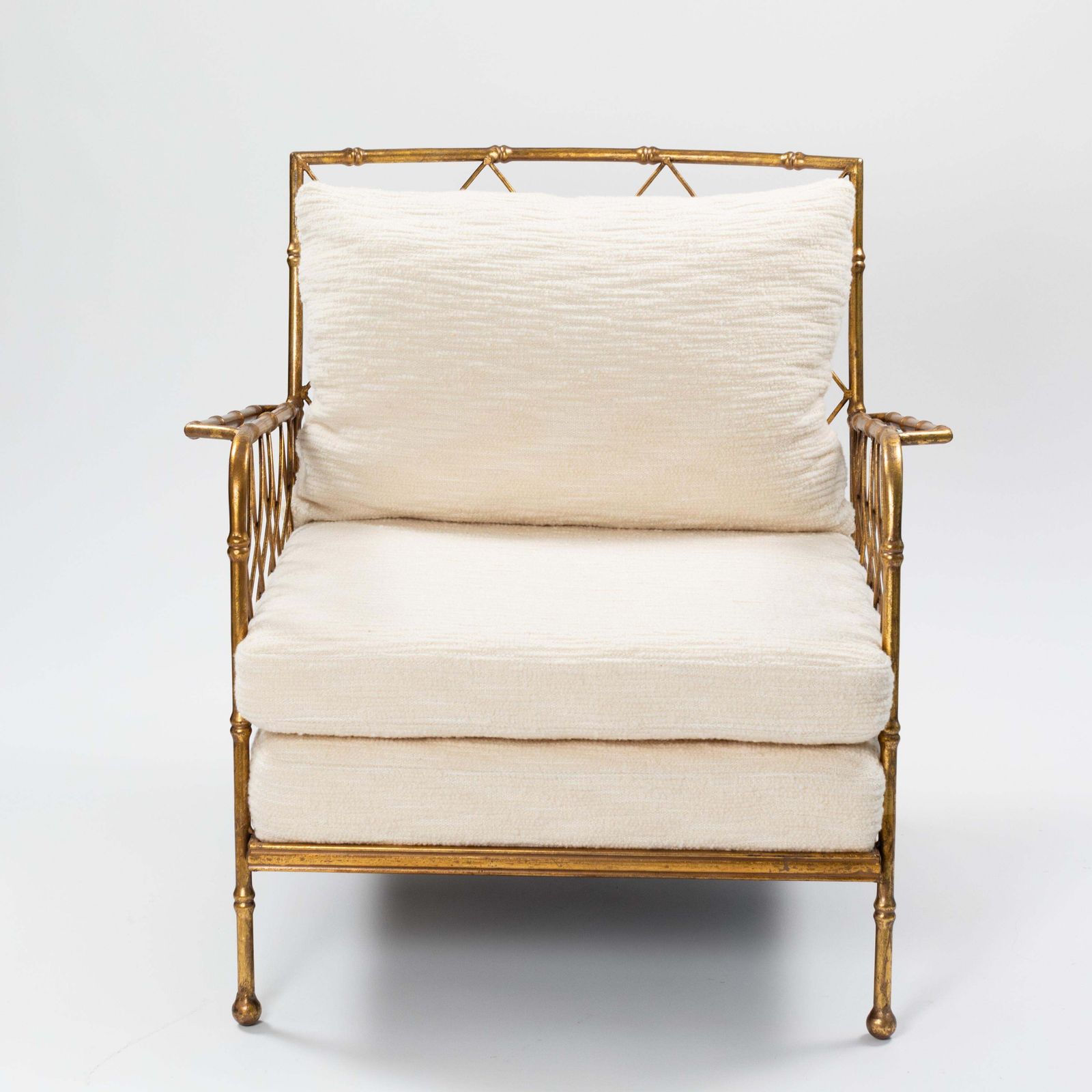 Pair Of French Mid Centruy Gilt Iron Faux Bamboo Armchairs Offwhite Linen, 1980s photo furniture