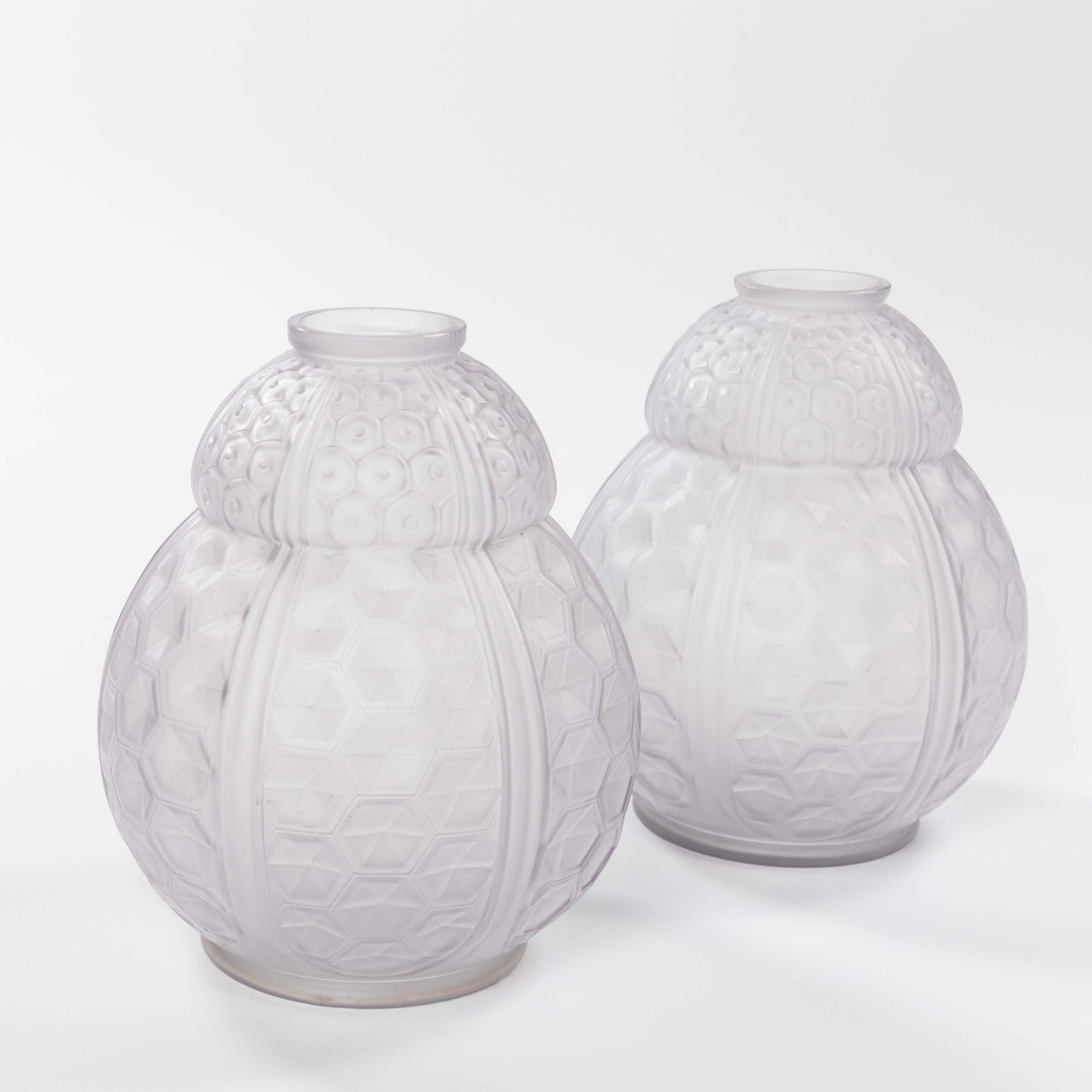 Pair Of French Art Déco Art Glass Vases In Geometric Design By Oreor, 1930s photo for sale