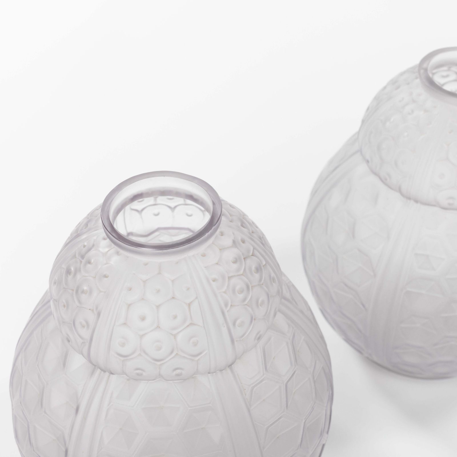 Pair Of French Art Déco Art Glass Vases In Geometric Design By Oreor, 1930s photo 2063.0
